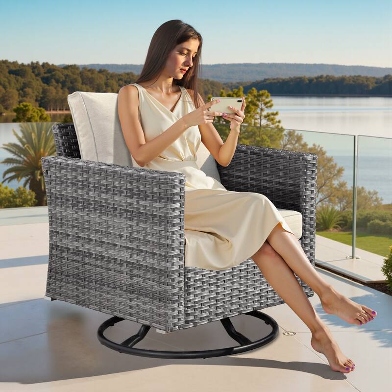 XIZZI 8-piece Patio Outdoor Wicker Furniture Swivel Chair Set with Firepit Table