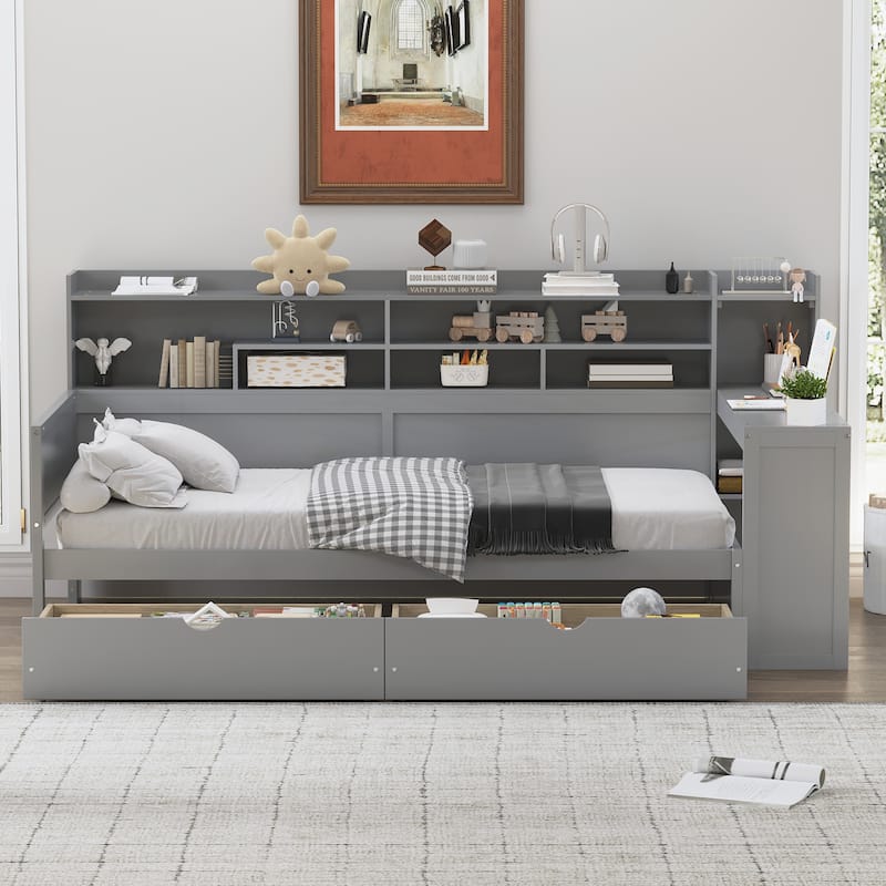 Wooden Twin Size Daybed with Storage Shelves - Grey