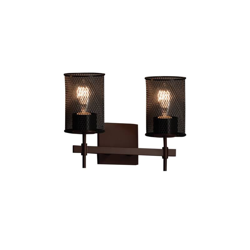 Justice Design Wire Mesh Union 2-light Dark Bronze Bath Bar, Wire Mesh Cylinder - Flat Rim Shade - Dark Bronze