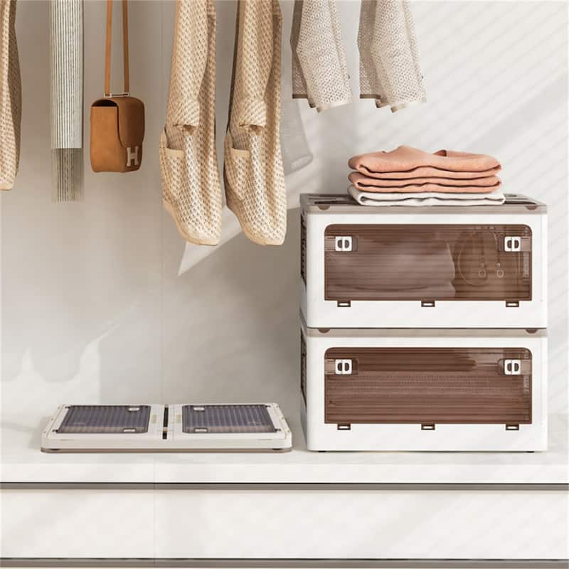 Cream White-Clear Brown Foldable Storage Bins 3-Pack with Wheels