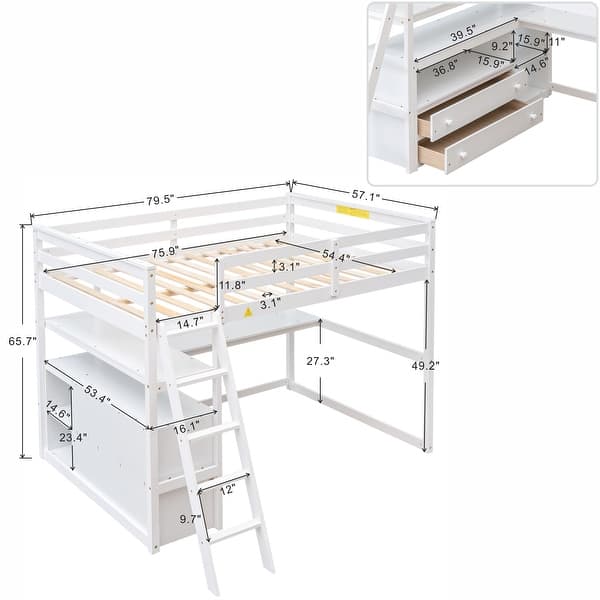 dimension image slide 0 of 2, Full Size Loft Bed with Desk and Shelves, 2 Built-in Drawers, Gray