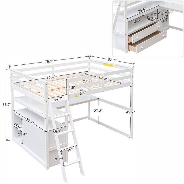 Full Size Loft Bed with Desk and Shelves, 2 Built-in Drawers, White