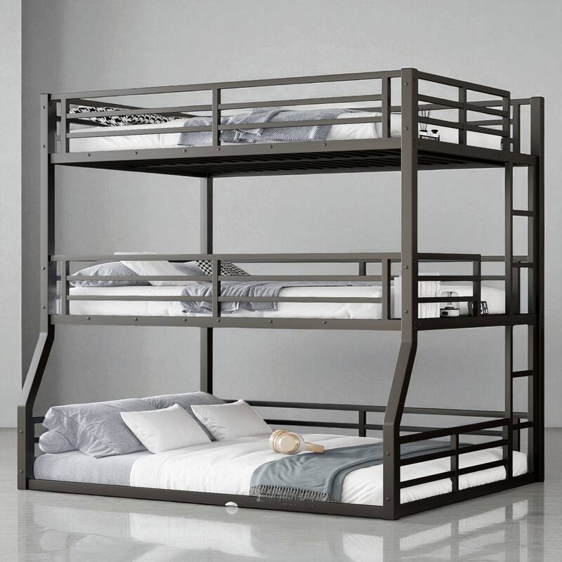Full/Full XL over Full/Full XL over Queen Metal Triple Bunk Bed with Guardrails, Noise-Reduced Frame, Heavy-Duty Design - Black - Full