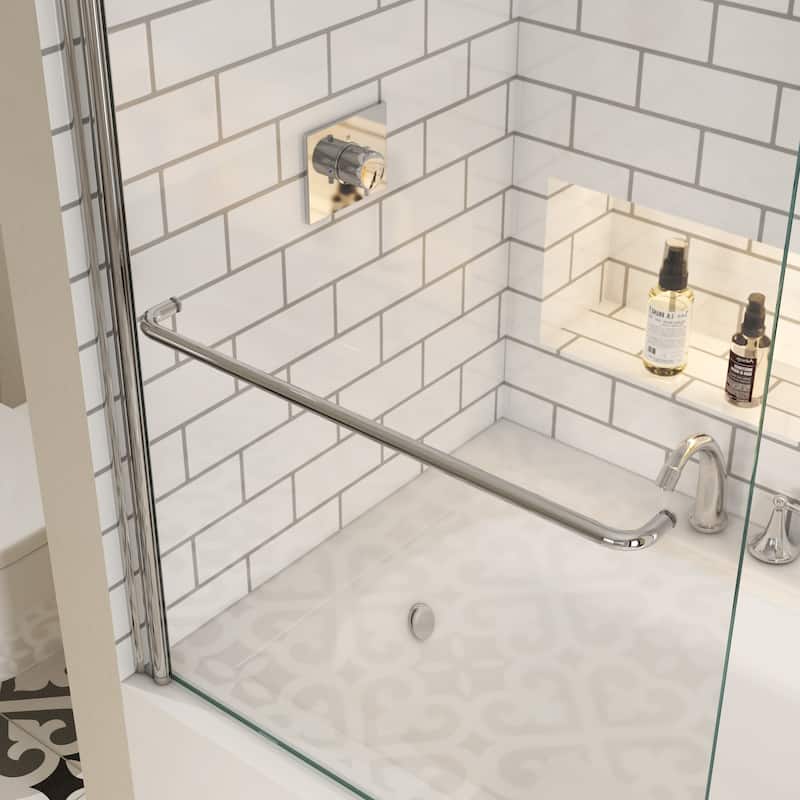 Modland Bathtub Pivot Shower Screen, 180 Swing, 1/4" Tempered Glass & Towel Bar, Chrome/Matte Black - 34x58