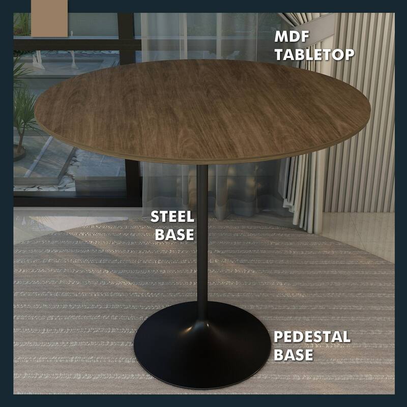 LeisureMod Verve 48" Round Dining Table with MDF Wood TableTop and Black Steel Base for Kitchen & Dining Room