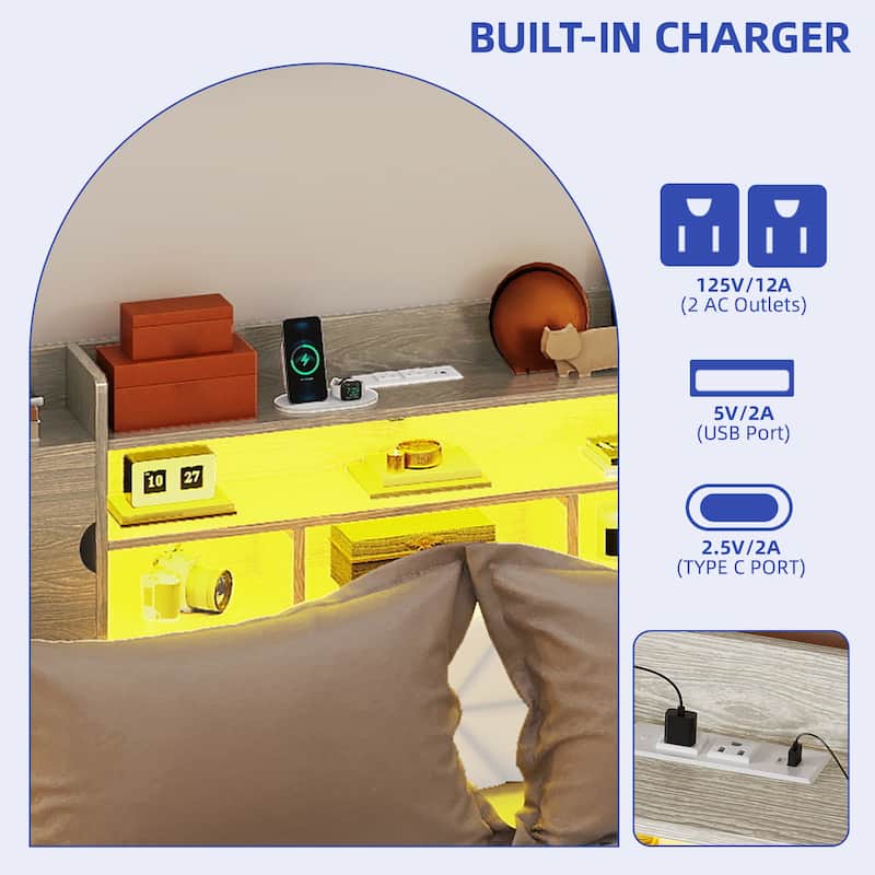 Queen/King Upholstered Bed Frame with RGB LED Lights & Storage Bookcase Headboard