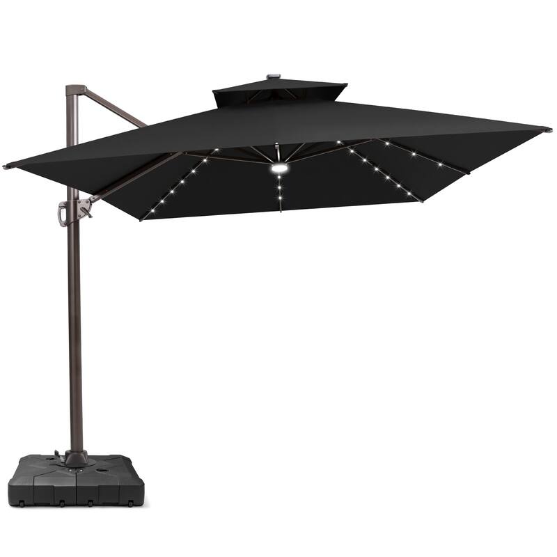 10 FT x 13 FT Outdoor LED Lighted Double Top Patio Cantilever Umbrella with Base Stand - Black