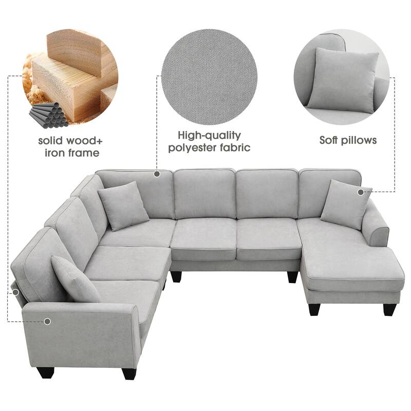Grey 108'' Spacious U-Shaped 7 Seater Sectional Sofa Set with 3 Pillows and Chaise Ideal for Living Room, Apartment