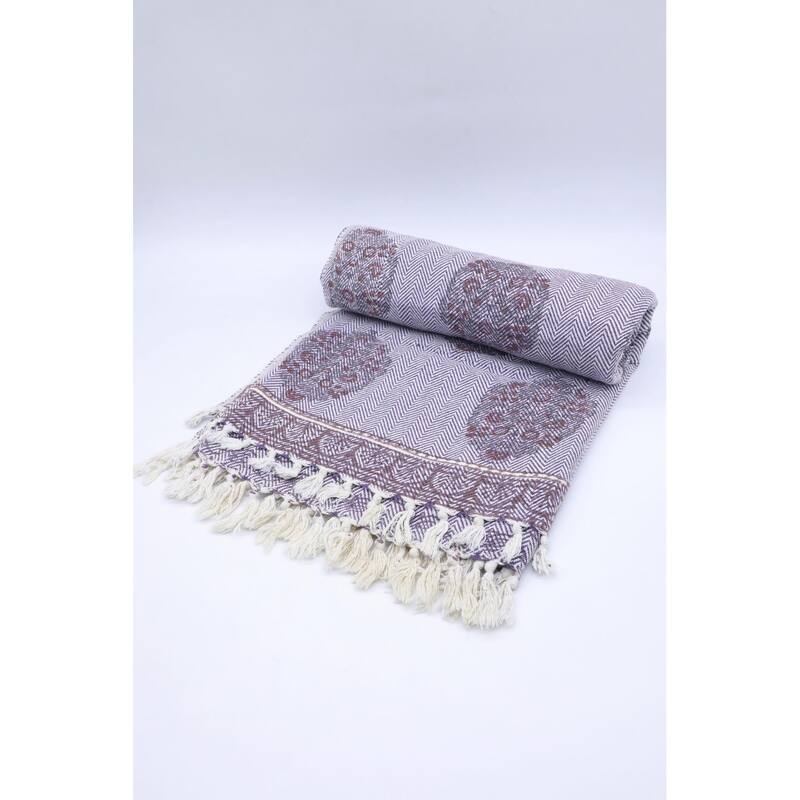 Fabdivine Guldasta Handcrafted Cotton Blanket - Floral Print Throw for Living Room, Bed, or Sofa with Hand-Tied Fringe, 90"x54"