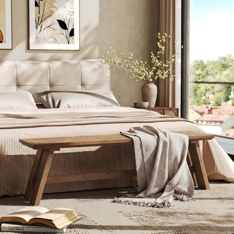 Solid Wood End Table, Modern C-Shaped Side Table with 2-Tier Storage, Minimal Rustic Couch Bedside Table Nightstand