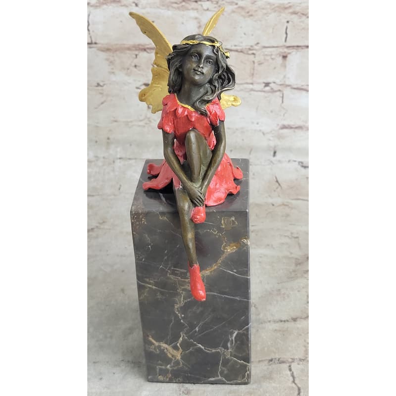 Colorful Winged Fairy Girl Bronze Sculpture Statue Figure On Marble Base By Milo