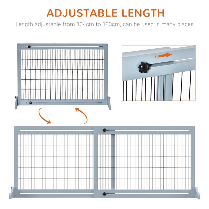 Extra Wide Freestanding Pet Gate with Adjustable Length Barrier, for House, Doorway, Hallway, Natural, Support Feet Included