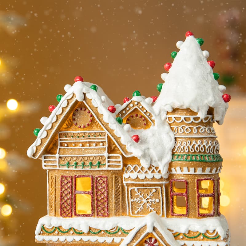 Glitzhome 12"H Resin Lighted Christmas Gingerbread House Village Table Decor
