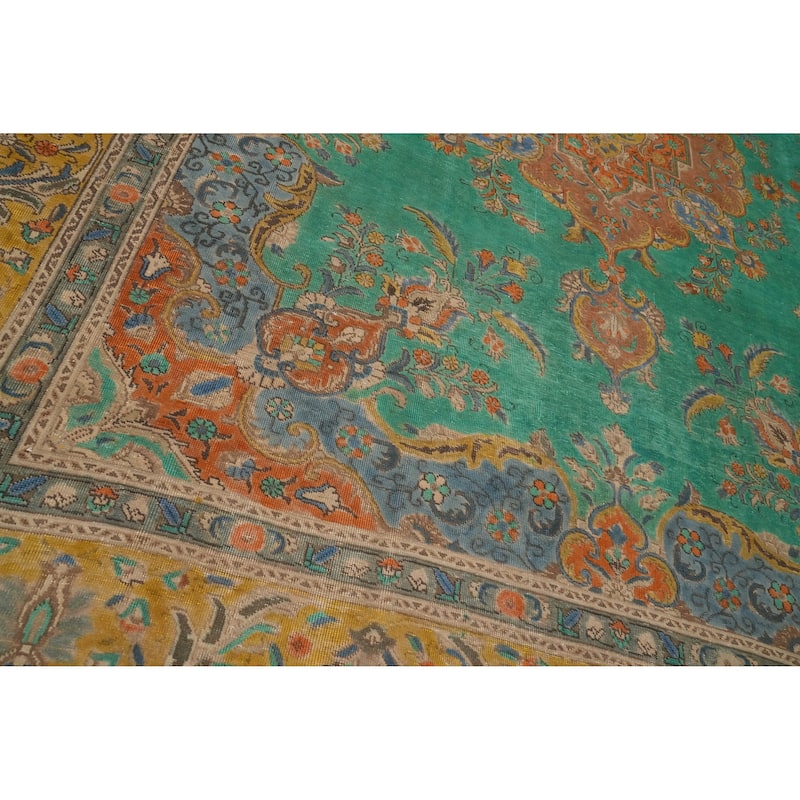 Hand Knotted Oriental 100% Wool Carpet Traditional Floral Green Tabriz Area Rug - 12' 9'' X 9' 9''