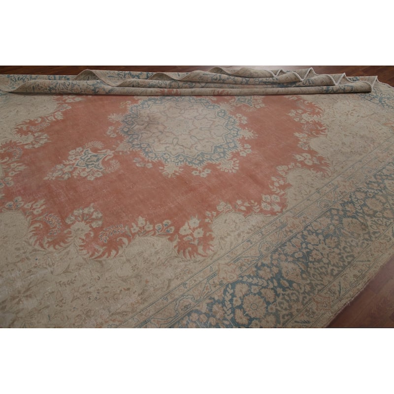 Distressed Kerman Persian Antique Area Rug Hand-knotted Wool Carpet - 9'8" x 12'7"