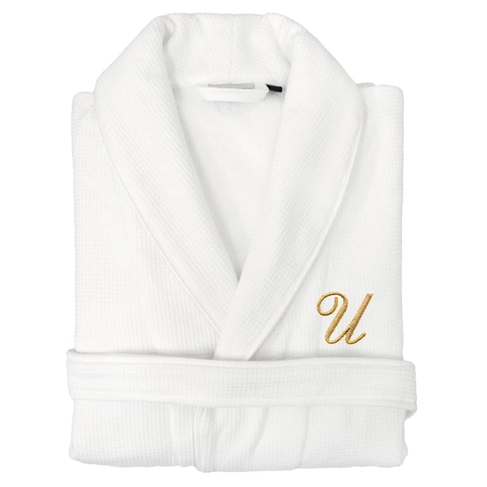 Authentic Hotel and Spa Unisex Gold Monogrammed Turkish Cotton Waffle Weave Terry Bath Robe