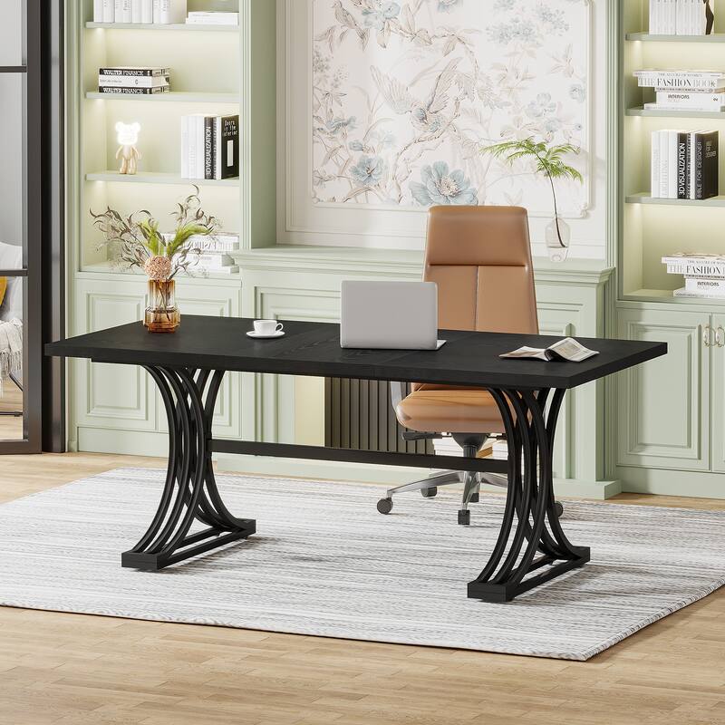 63" Large Rectangular Executive Desk, Wood Faux Marble Table, Business Computer Desk for Home Office