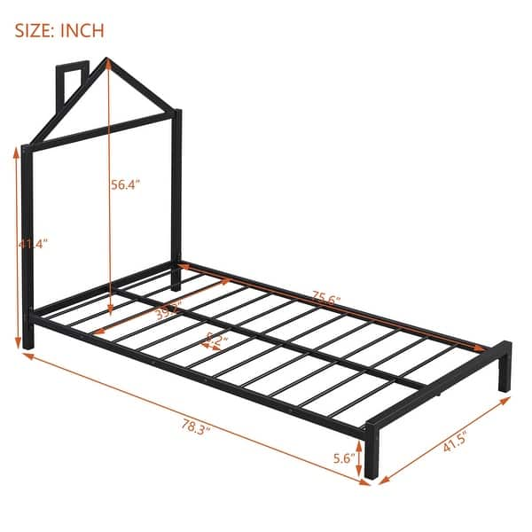 dimension image slide 1 of 6, Metal platform bed with house shape headboard