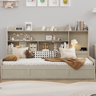Twin Size Daybed w/Hydraulic Storage & Bookcases, USB Charging Station