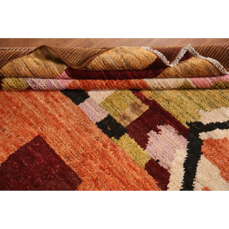 Geometric Moroccan Oriental Area Rug Orange Hand-Knotted Wool Carpet - 7'1" x 9'8"