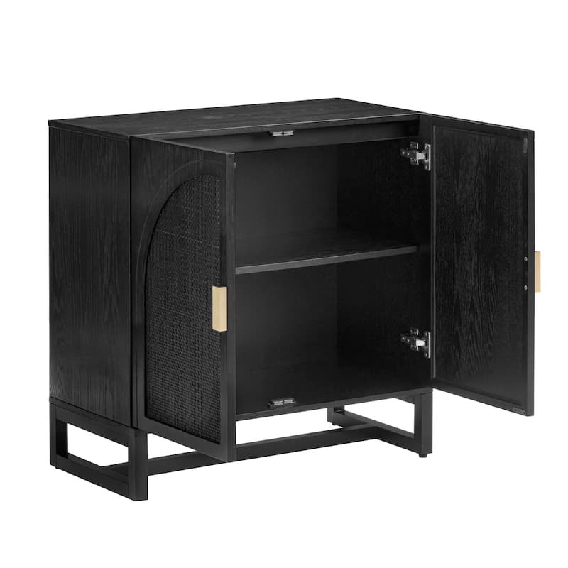 Paxton Boho Wood Storage Cabinet with Doors, Small Storage Cabinet or TV Stand with Rattan Door Details
