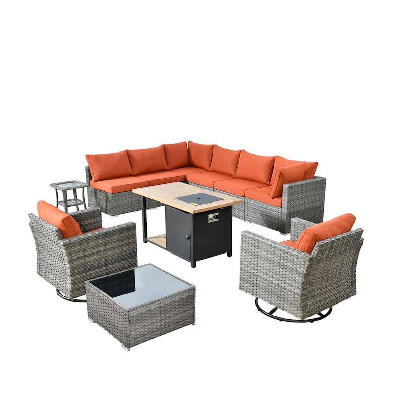 XIZZI 11-piece Outdoor Wicker Furniture Patio Swivel Chair Set with Firepit Table