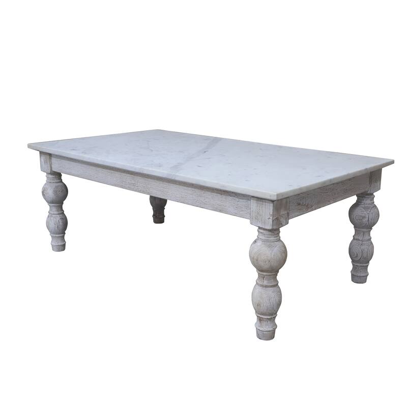 Sevita Anastasia Rectangular White Marble Coffee Table with White-Wash Spindle Base, 52" L x 30" W x 19" H