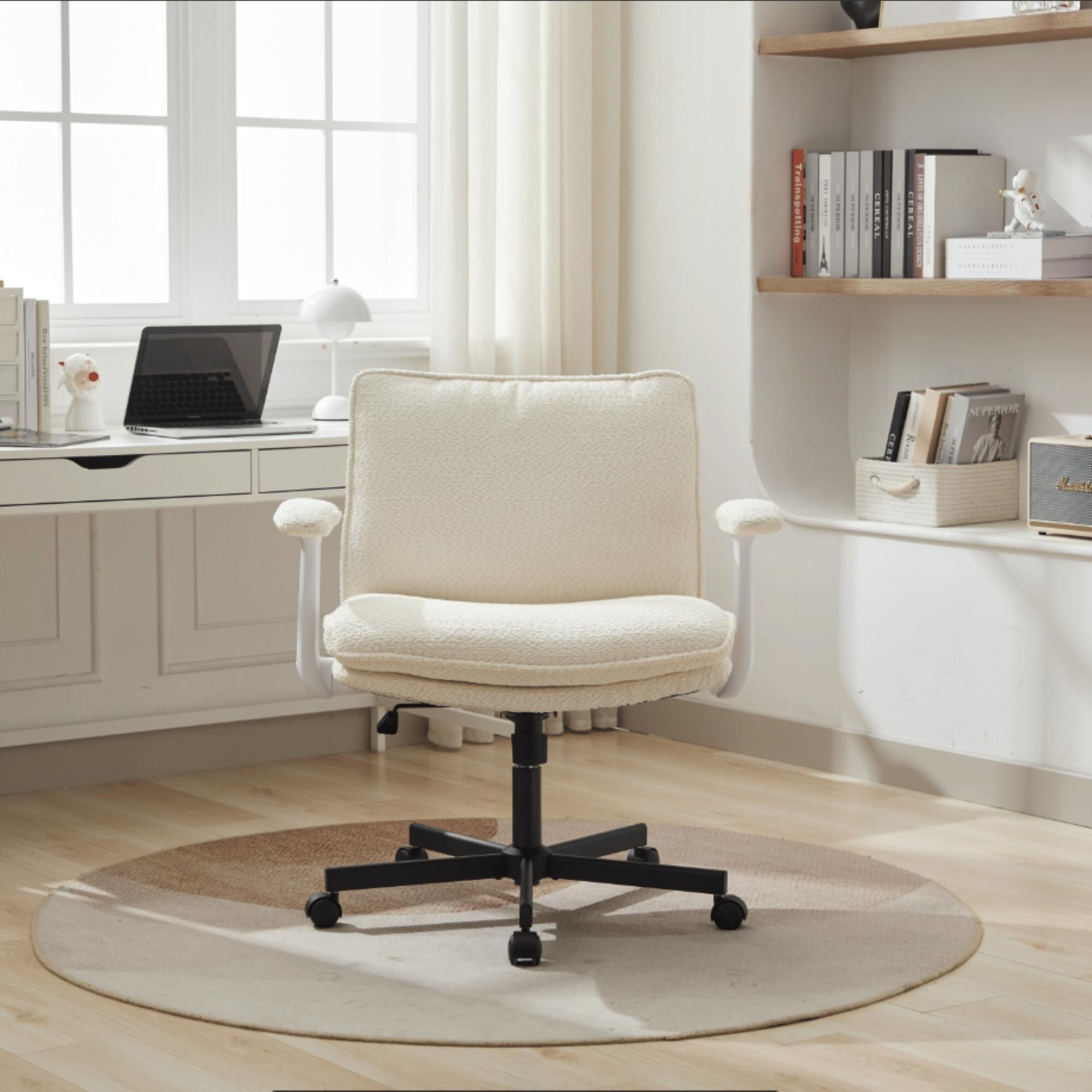 Office Chair with Criss Cross Frame, Rolling Casters & Fold-Down Arms, Upholstered Wide-Seat Desk Chair for Home Office