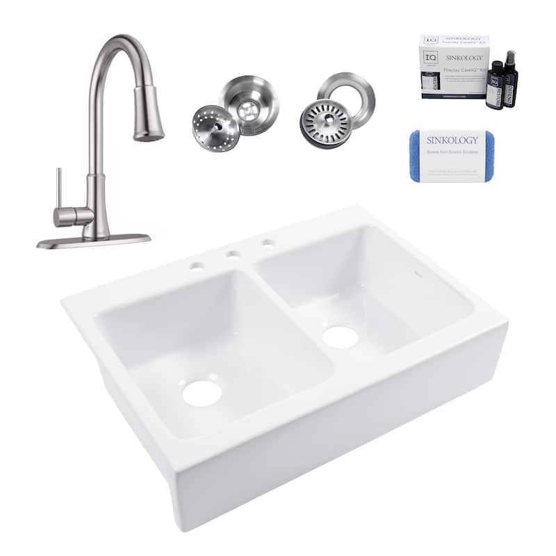Parker Crisp White Fireclay 34" Quick-Fit Farmhouse Apron Front Drop-In Double Bowl Kitchen Sink (3 Hole) with Pfirst Faucet Kit