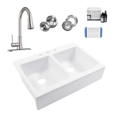 Parker Crisp White Fireclay 34" Quick-Fit Farmhouse Apron Front Drop-In Double Bowl Kitchen Sink (3 Hole) with Pfirst Faucet Kit