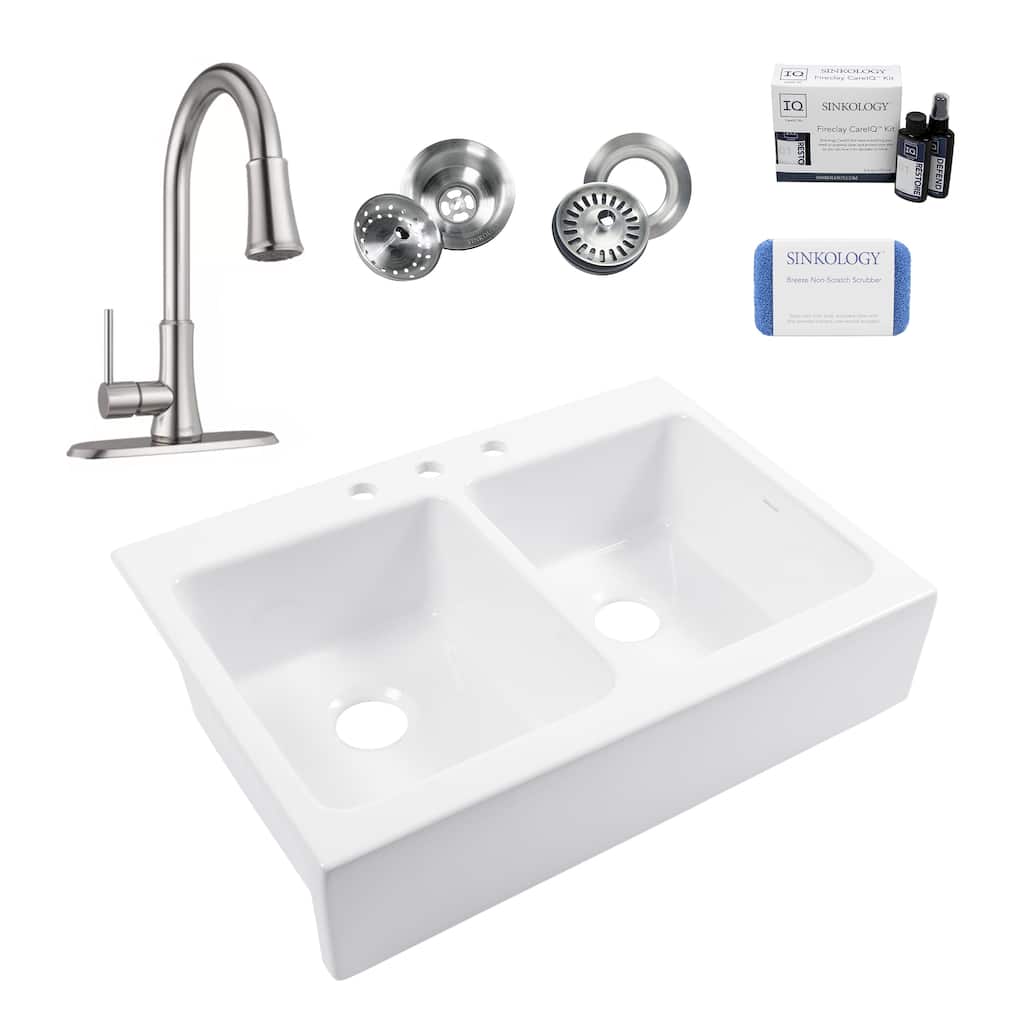 Parker Crisp White Fireclay 34" Quick-Fit Farmhouse Apron Front Drop-In Double Bowl Kitchen Sink (3 Hole) with Pfirst Faucet Kit