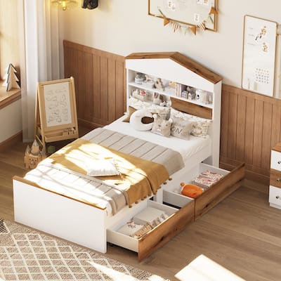 House-Shaped Twin Bed with 2 Storage Drawers and Shelf, Wooden Platform Bed for Kids, 250 LBS Capacity