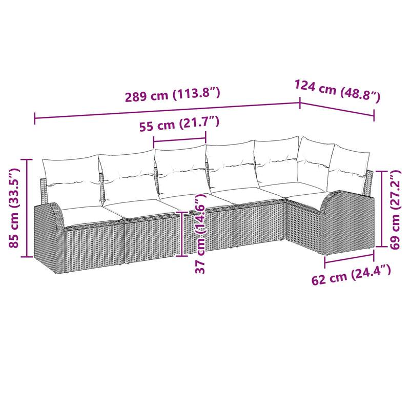 vidaXL 7 Garden Sofa Set with Cushions Black Poly Rattan - 113.8 x 48.8 x 27.2