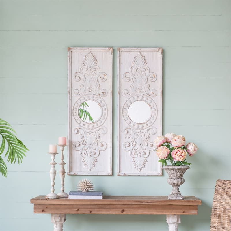 Modern Wooden Wall Art Panels with Round Mirror Accents (Set of 2) - Off-White