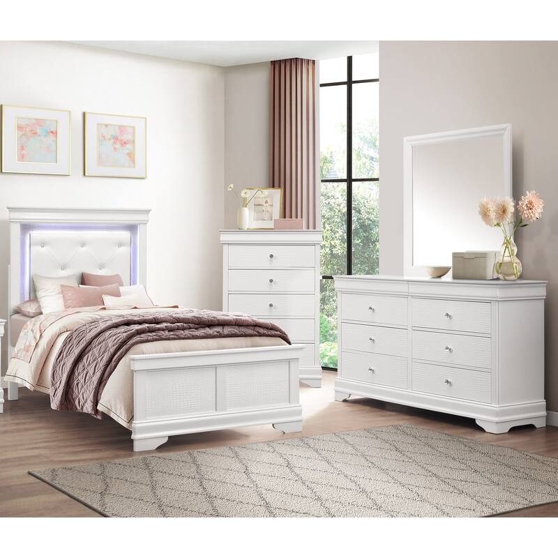 4pc Bedroom Furniture Set LED Light Bed Dresser Mirror Chest - Twin