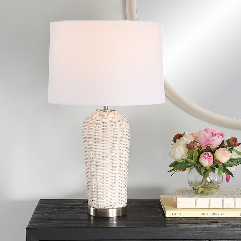 The Gray Barn White Woven Rattan Table Lamp with Nickel Accents