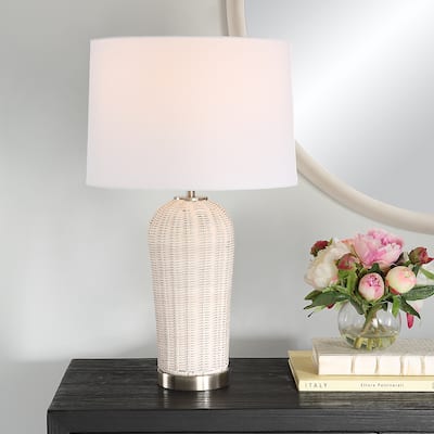 The Gray Barn White Woven Rattan Table Lamp with Nickel Accents