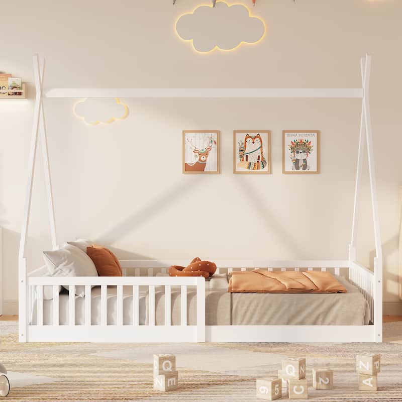Twin Size Floor Bed, Platform Bed Frame with Fence and Roof, Solid Wood Playhouse Bedframe w/Open Door, No Box Spring Needed
