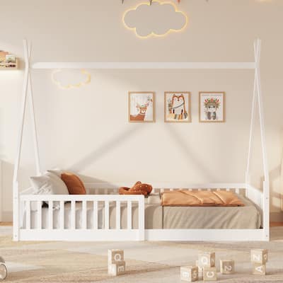 Twin Size Wood House Bed with Fence