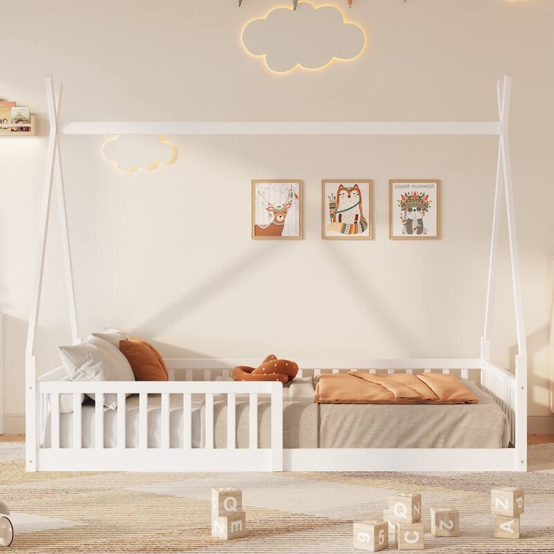 White Twin Size House-Shaped Wood Bed with Fence and Distressed Design