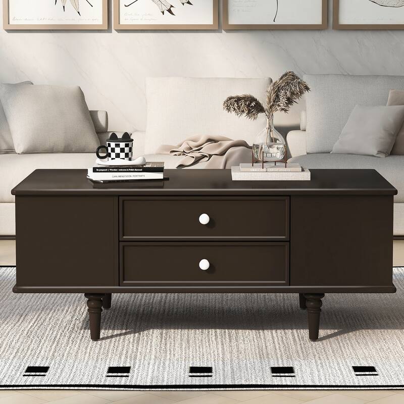 Modern Rectangle Coffee Table with Four Drawers, Two Side Hidden Storage Compartments, 47.2" Wood Coffee Table - Brown