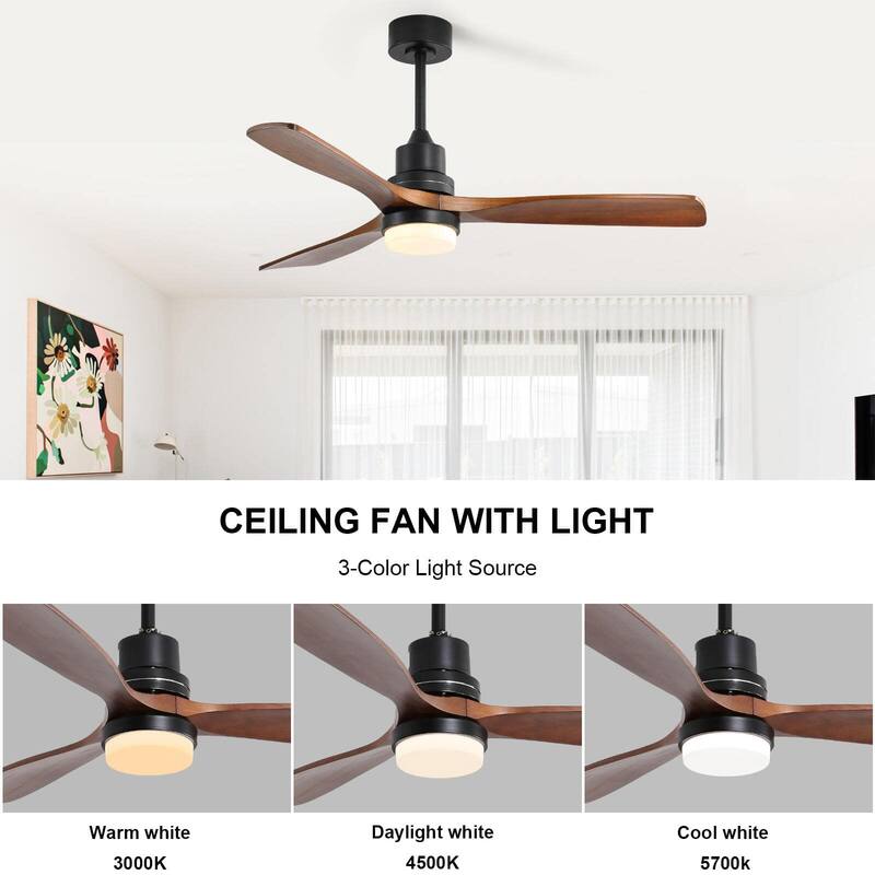 52" Farmhouse Style Wood Walnut Ceiling Fan With Lights and Remote Control, Dimmable LED Included