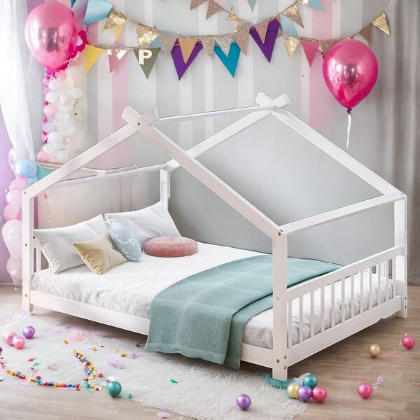 slide 2 of 10, Full Size House Bed Wood Bed,Solid Construction White
