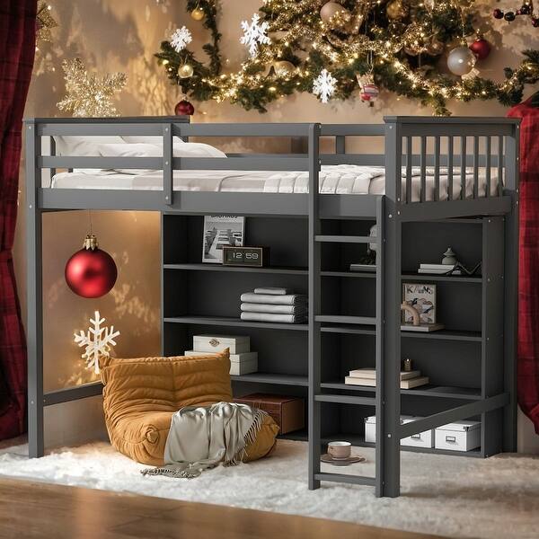 slide 2 of 9, Twin Size Child Loft Bed with 8-Open Storage Shelves, Wooden Kids Bed Frame with Built-in Ladder, Grey Grey