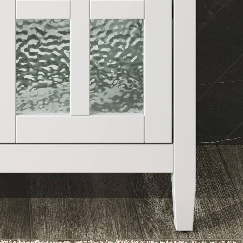 Bathroom Vanity with Ceramic Sink, Bathroom Cabinet with Tip-Out Tray, 2 Textured Glass Doors & Adjustable Shelf