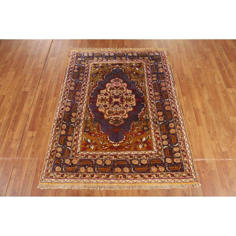 Hand Knotted Oriental Silk Carpet Transitional Medallion Purples Anatolian Area Rug - 5' 2'' X 4' 0''
