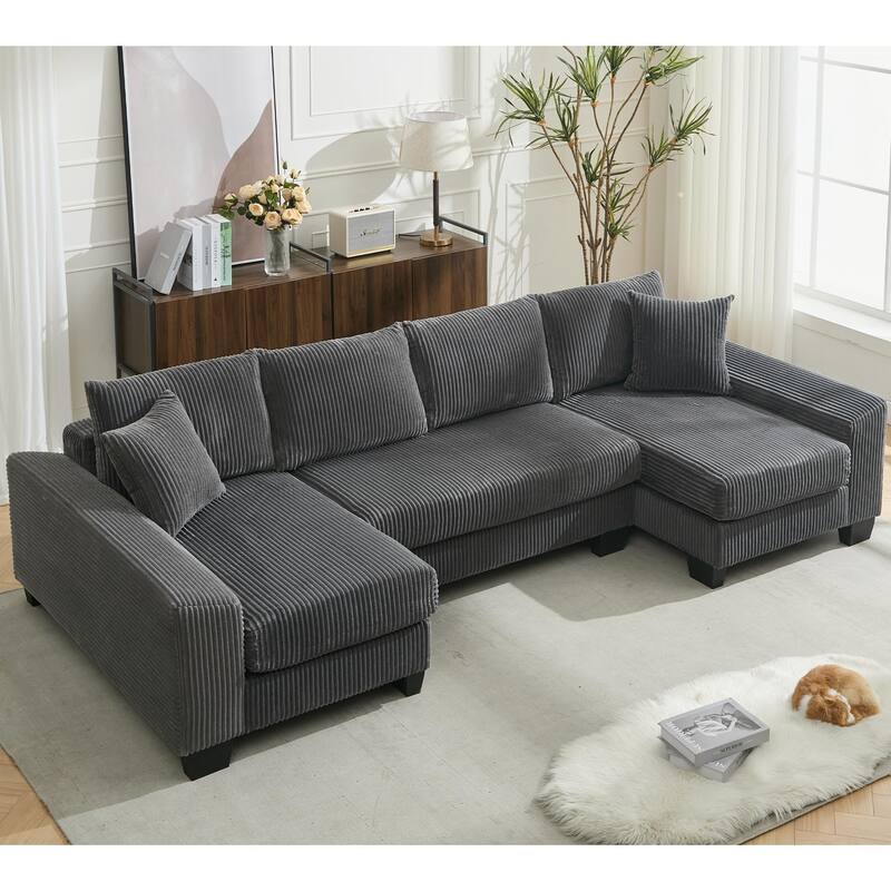 U Shaped Sofa Convertible Pull Out Sleeper Sofa Bed, 2 in 1 Recliner Sectional Couch, Corduroy Upholstery Daybed with Pillow