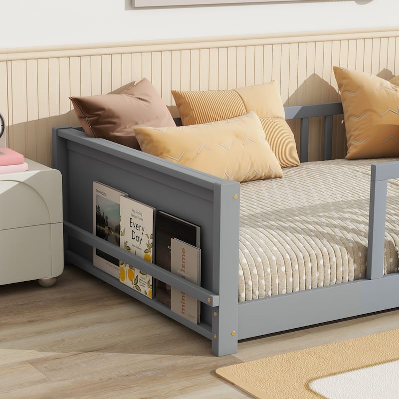 Roomfitters Twin Floor Platform Bed with Built-in Book Rack, Rubber Wood Frame, Low Profile Design with Guardrails