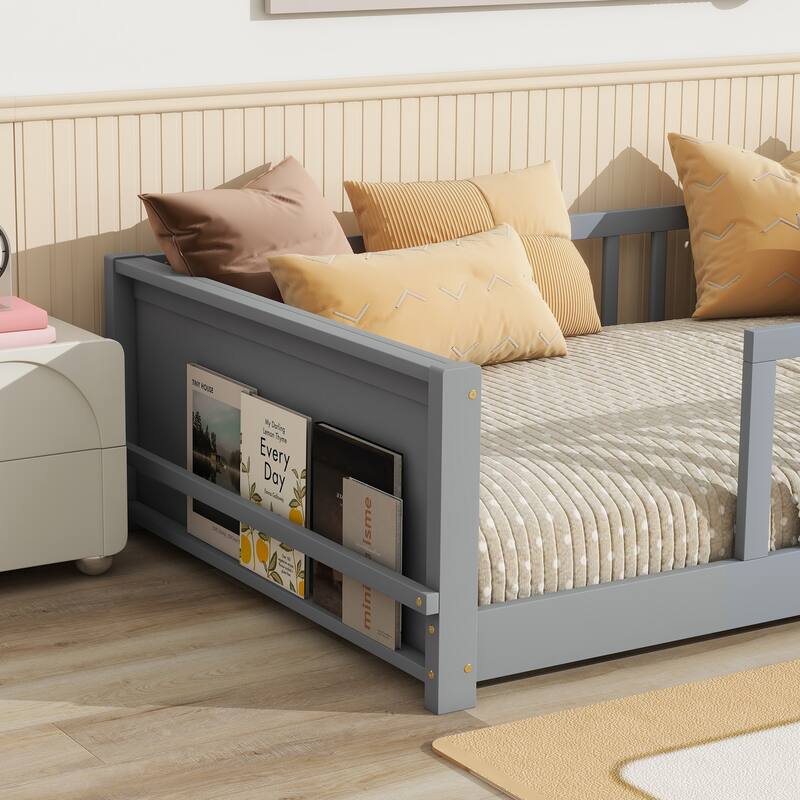 Twin Floor Bed with Built-in Bookcase Rubber Wood Low Profile Platform Bed