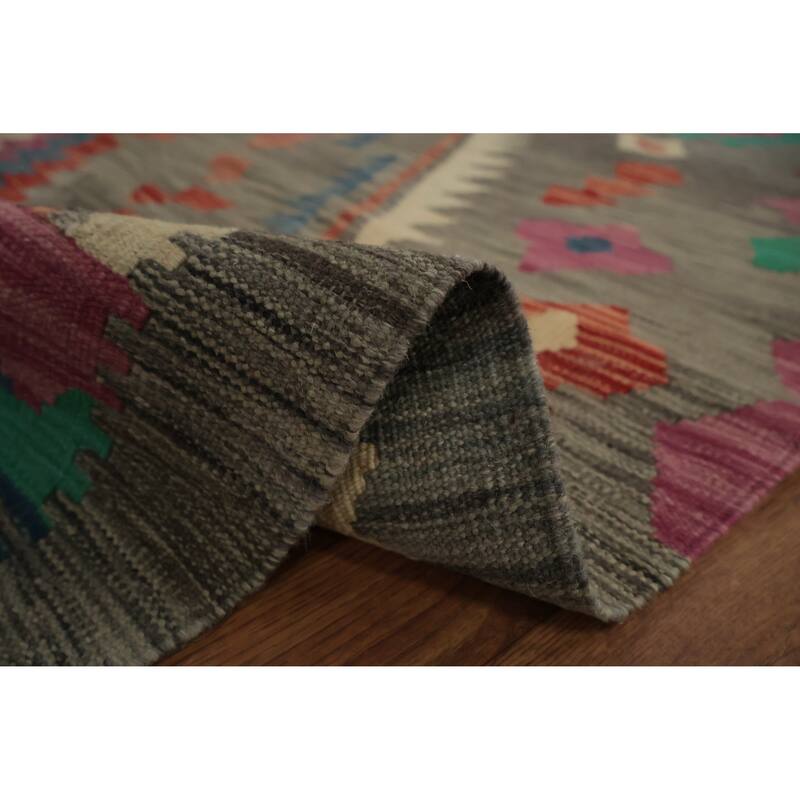 Hand Woven Oriental 100% Wool Carpet Southwestern Tribal Greys & Charcoal Kilim Area Rug - 9' 9'' X 6' 6''